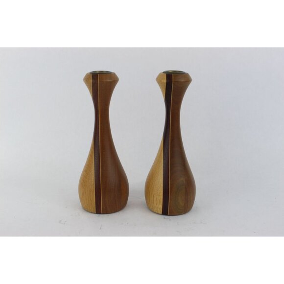 MCM Wood Candlestick Holders Sculpted Pair, Once Upon a Tree Vermont, 7.5 Inch - Picture 1 of 12